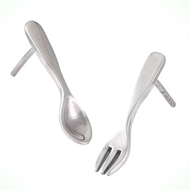 Silverware Spoon Fork Eating Silver Food Utensils Stud Earrings For Women Crystal Fashion Jewelry