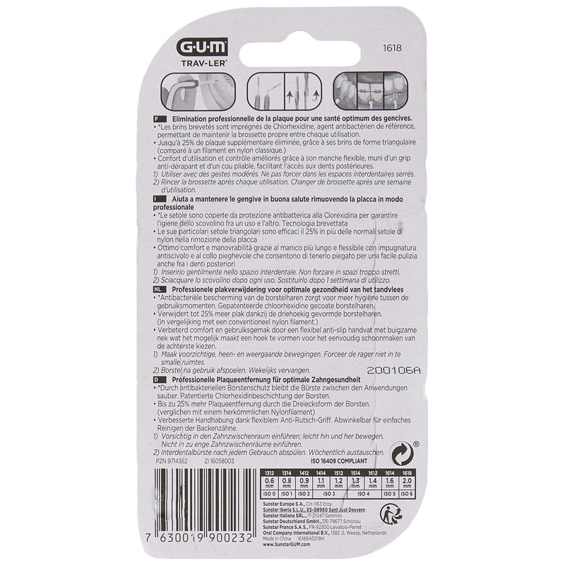 Gum Dental Trav-ler inter-dental brush, 2.0 mm, grey (6 pieces).