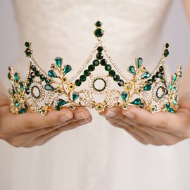 Wekicici Baroque Queen Crown Green Crystal Tiara Rhinestone Princess Wedding Headband for Women Birthday Pageant Party(Green)