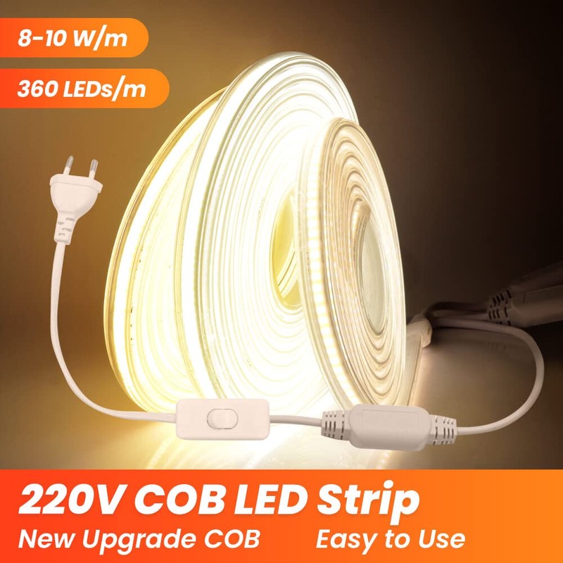 Xunata 230 V COB LED Strip with Switch, 360 LEDs/m