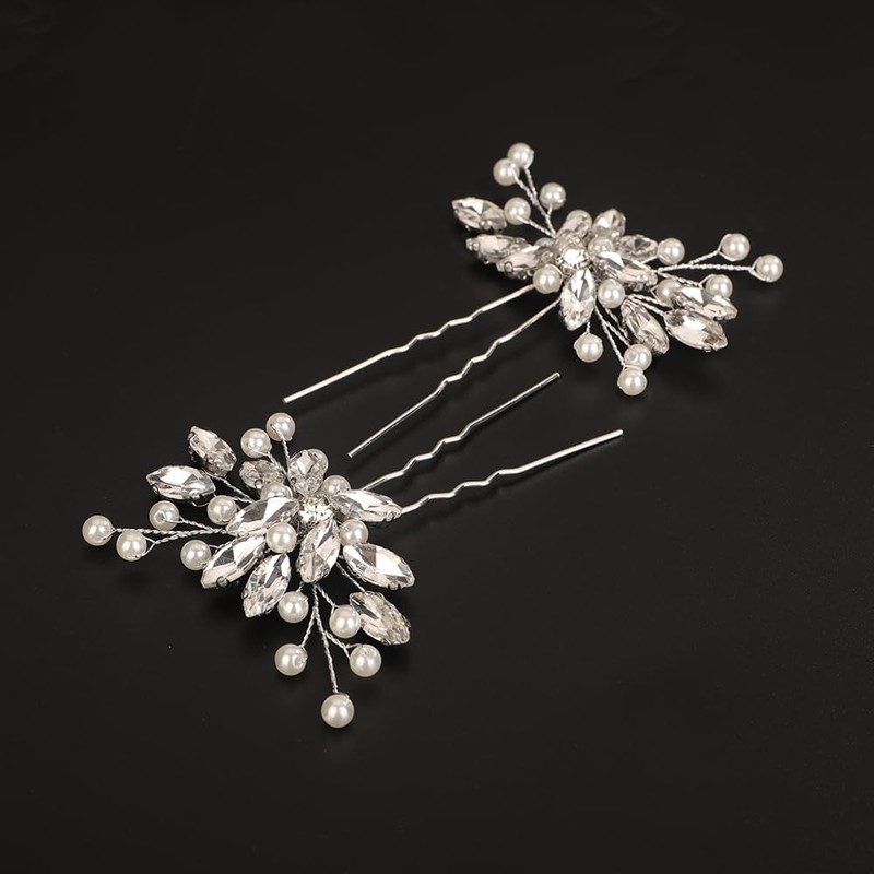 Teyglen 2pcs Crystal Pearl Bridal Hair Pins Silver Rhinestone Wedding