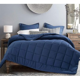 EVOLIVE All Season Pre Washed Soft Microfiber White Goose Down Alternative Comforter with Box Stitching (Navy, King)