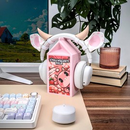 BeamTeam3D Cow Ears and Horns for Headphones, Cute & Fun Decorative Add-Ons for Gaming Headsets, Kids’ School Headphones, Compatible with Most Headphones (White/Pastel Pink/Pastel Pink)