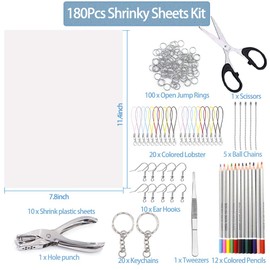 180 PCS Shrink Plastic Sheets Kit, Frosted Shrinky sheets, Include 10PCS Blank Shrink Sheets, Colored Pencils, Hole Punch, Scissors, Tweezers, Keychains, Colored Lobster Clasp for Kids DIY Craft