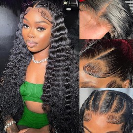 Ali Bling Deep Wave Lace Front Wigs Human Hair 13x6 HD Transparent Deep Curly Lace Frontal Wigs Human Hair 180% Density Glueless Wigs Human Hair pre Plucked Curly Wigs Natural Color 24 inch