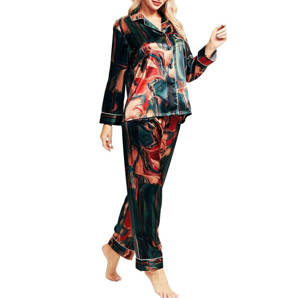 SIHA - Pijama de satén de seda para mujer, conjunto de pijama con manga larga abotonada, pijama de satén XS-3XL, Pintura al óleo verde, XL