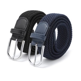 AWAYTR Women Elastic Braided Belt - 2pcs Stretch Utility Golf Sport Belts for Jeans (Black+Navy Blue)