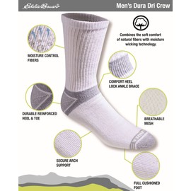Eddie Bauer Men's Socks Mens Dura Dri Moisture Control Crew Socks Multipack, White (6 Pairs), Large