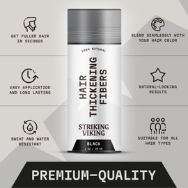 Striking Viking Hair Building Fibers - 28g, Black - Fuller Look Thinning Hair Fibers - Bald Spot Concealer & Barber Enhancement - Clump-Proof Powder & Hold Spray