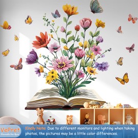 VePret Flowers Book Wall Decals Peel and Stick, Watercolor Floral Butterflies Wall Stickers & Murals, Removable Home Decor Art for Bedroom Living Room Classroom Office