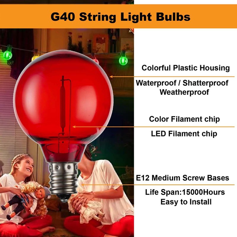 abulber G40 Multicolor Led Outdoor String Light Bulbs,Shatterproof Waterproof, E12