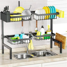 SNSLXH [2-Tier 4 Baskets Over The Sink Dish Drying Rack, 26.57"-35", Large Sink Rack for Kitchen, Extensible and Adjustable, Saving Kitchen Space