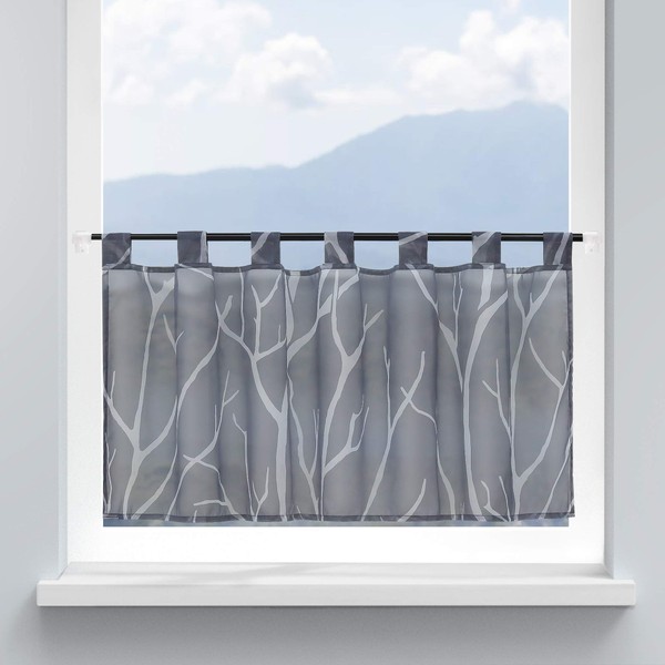 HongYa Kitchen Curtain, Voile, Bistro Curtain with Loops, Transparent Curtain for Small Windows, Branches Pattern