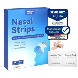 XperiaNova® Nasenpflaster + Alkoholpads (jeweils 50 Stück), extra stark, Nasenspreizer, Nasenstrips, Schnarchen, besser schlafen, Schnarchpflaster, Nasentape, verstopfte Nase