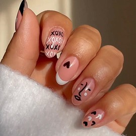 Short Almond Press on Nails French Tip Fake Nails Black White Small Hearts Nude Glue on Nails Full Cover Abstract Design False Nails Glossy Black White Tips Valentine’ s Day Stick on Nails for Women