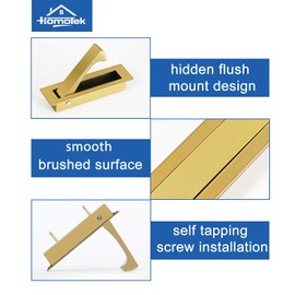 HOMOTEK Recessed Pocket Door Pull Handle, Edge Flush Door Pull, Hidden Door Finger Pull, Modern Pocket Hardware for Sliding Door, Size: 80x22x16mm, Stainless Steel 304 (Brushed Brass,4pack)