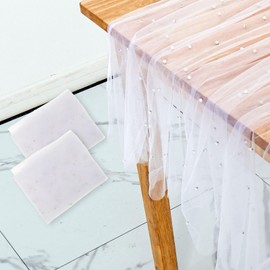 2 Pcs White Table Cloth with Pearls 1.5x3m Tulle Tablecloth Soft Veil Romantic Table Runner Rectangle Dessert Table Cloth White Table Cover for Arch Dessert Table Decorations