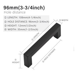 Redunest Cabinet Pulls Matte Black Cabinet Handles Square Drawer Pulls, 10 Pack 3-3/4 Inch Stainless Steel Kitchen Door Cupboard Cabinet Handles, Drawer Hardware Handles, 96mm Hole Centers