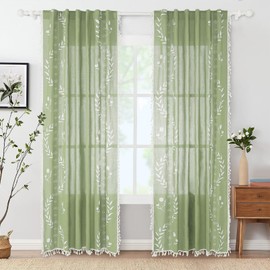 Schweek Sage Green Curtains for Living Room 96 Inches Long Linen Floral Boho Curtains Vintage Patterned Window Curtain 2 Panel Sets,Light Green