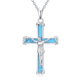 HPQQ Cross Necklace 925 Sterling Silver Turquoise Jesus Cross Pendant Jewelry Christmas Gifts for Women