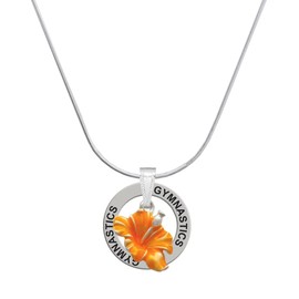 Delight Jewelry Silvertone Hot Orange Hibiscus Flower - Gymnastics Ring Charm Necklace, 18"