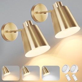 Battery Operated Wall Sconces Set of 2, Dimmable LED Wall Lights with Remote Control, Indoor Sconce Wall Lighting 3000K/4000K/6000K Adjustable Gold Wall Mounted Lamps for Bedroom Living Room Hallway
