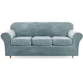 Lamberia High Stretch Sofa Cover for 2 Cushion Couch Loveseat Cover 3 Pieces Thick &Washable Plush Velvet Sofa Slipcover Couch Cover Furniture Protector for Dogs,Pets&Kids (Stone Blue, Sofa-XL)