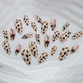 ONPRESS 24Pcs Summer Press on Nails Medium Almond Fake Nails with 3D Cherry Design Leopard Patten Glue on Nail Cheetah French Tip Nude False Nails Glossy Full Cover Acrylic Nails for Women
