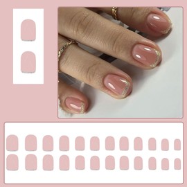 Short Press on Nails Gold Glitter Tip Fake Nails Nude Pink Stick on Nails Square False Nails Full Cover Glue on Nails Spring French Tip Stick on Nails for Women and Girls 24Pcs