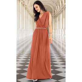 KOH KOH Plus Size Womens Long Cocktail Empire Waist Short Sleeve Formal V-Neck Bridesmaid Summer Flowy Bridesmaids Wedding Guest Grecian Gown Gowns Maxi Dress Dresses, Coral Pink Peach 3XL 22-24