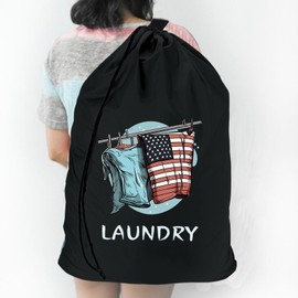 Waterproof Travel Laundry Bag with Strap, American Flag Pattern Canvas Laundry Bag, Dirty Clothes Bag for Traveling, Dirty Laundry Travel Bag, Easy Fit a Laundry Hamper or Basket, 31.5''L x 19.5''W