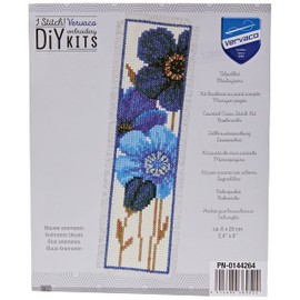Vervaco Blaue Anemonen Zählmusterpackung-Lesezeichen-Stickpackung im gezählten Kreuzstich, Baumwolle, Mehrfarbig, 6 x 20 x 0.3 cm
