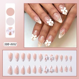 24Pcs Cute Bow Press on Nails Short Almond Fake Nails with White Bow Nail Charms Design Nude Pink Acrylic Nails Full Cover Glue on Nails French Tip False Nails for Women Girls Acrylic Manicure Tip
