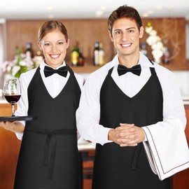 Liitrsh 2 Pcs Unisex V Neck Apron 2 Pocket Tuxedo Server Apron Long Waist Tie Adjustable Waiter Pinafore Bistro(Solid Black)