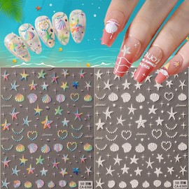 Summer Nail Art Stickers 5D Embossed Ocean Nail Decals Starfish Shell Nail Art Design Hollow Summer Engraving Self Adhesive Acrylic Nail Supplies for Women Girls Manicure Nail DIY Decoration 2 Sheets