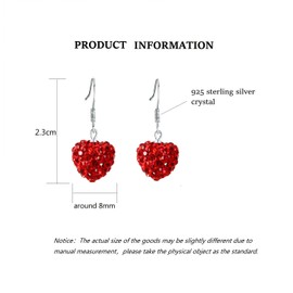 Bellitia Jewelry Women's Fashion 925 Sterling Silver Earrings Red Crystal Heart Hook Earrings Earrings Earrings Christmas Gifts, Sterling Silver, Crystal