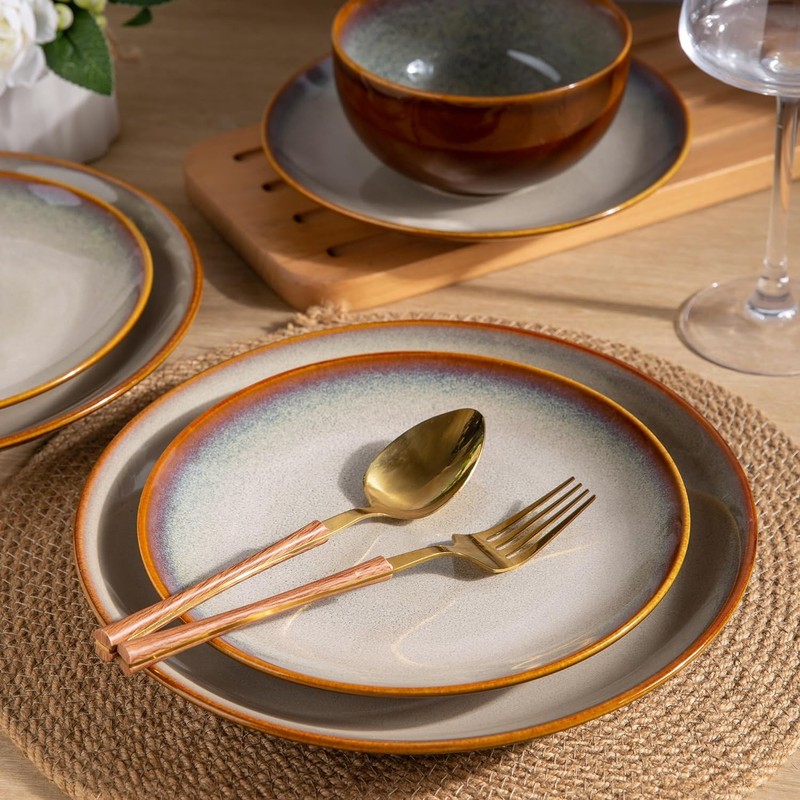 LeRatio Ceramic Dinnerware Sets for 6,18-Piece Plates and Bowls,Handmade Reactive