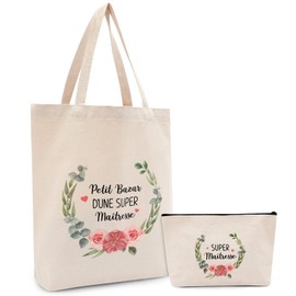 Rhdekoein Teacher Tote Bag and Pouch Small Bag Cotton Bag Teacher Gift Pack of 2, White