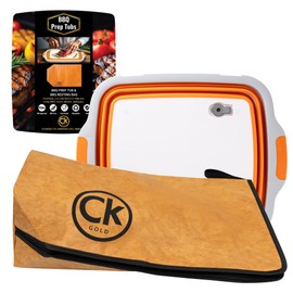 New Extra LARGE Collapsible BBQ Prep Tub with LOCKING LID & Meat Resting Bag - BPA Free Foldable Cutting Board with Lid, Leak Free, Strong Drain Hole for Meal Prep, Marinating, & Food Storage (Orange)
