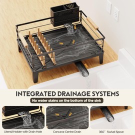JYPS Dish Drying Rack for Kitchen Counter Decor with Drainboard Auto-Drain，Rustproof Dish Rack Drainers with Utensil Holder, Wooden Handles，360° Rotatable Drainer, Higher Legs (Black)