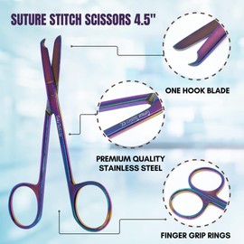 IMED Littauer Spencer Suture Stitch Scissors Stainless Steel Reusable Shears with One Hook Crescent Shaped Blade (4.5" Multicolor - STR)