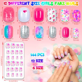 144 Pieces Fake Nails for Kids Girls Artificial Kids Press on Nails Full Cover Short Acrylic Stick On Nails False Nail Tips Kit for Children Little Girls Nail Art Decoration (Gradient Pattern)