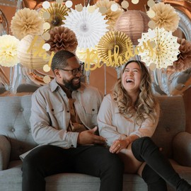 Brown Birthday Party Decorations White Brown Champagne Rustic Birthday Party Decoration Paper Pom Poms Flowers Hanging Paper Fans for Neutral Bear Baby Shower Boho Party Decoration