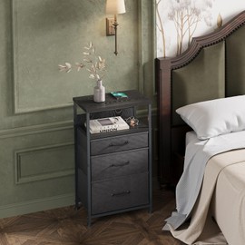 YeTom Nightstand, Bedside Table with 3 Fabric Drawers, Side Table with Open Shelf, End Table with Steel Frame,3 Drawer Dresser for Bedroom, Entryway, College Dorm, Easy Assembly,Black