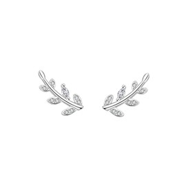 QLUYCKW Leaf Stud Earrings for Women Small Elegant Solid Sterling Silver with Crystal Olive Leaves Branch Crawler Cartilage Lightweight Earrings Fashion Holiday Prom Jewelry Gifts (Silver)