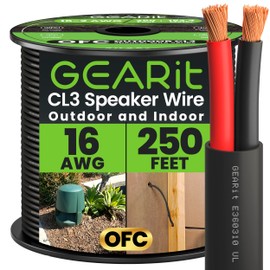 GearIT 16/2 Speaker Wire (250 Feet) 16AWG Gauge - Outdoor Direct Burial in Ground/in Wall / CL3 CL2 Rated / 2 Conductors - OFC Oxygen-Free Copper, Black 250ft