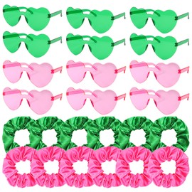 AMCAMI 24 Pack - Heart Shaped Glasses & Satin Hair Ties for Women,Bachelorette Party Favors and Accessories Pink & Green Sunglasses and Scrunchies,Wicked Theme Decorations