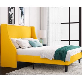Allewie Modern Full Size Modern Platform Bed Frame with Wingback / Upholstered Bed Frame with Headboard / Wood Slat Support / Mattress Foundation / Light Yellow(Full)
