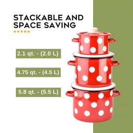 Enamel Pot with Enamel Lid, Enamel Cooking Pot, Soup Pot, Enameled Steel Stock Pot, Enamel Casserole set, Induction Safe, Dishwasher Safe, Set of 3 (Polka Dot, 2.1 Qt, 4.8 Qt, 5.8 Qt)