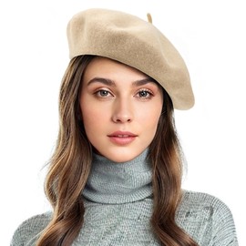 Komorebi Beret Hats for Women Black Wool French Beret Solid Color Warm Caps Girls Stylish Classic Beige